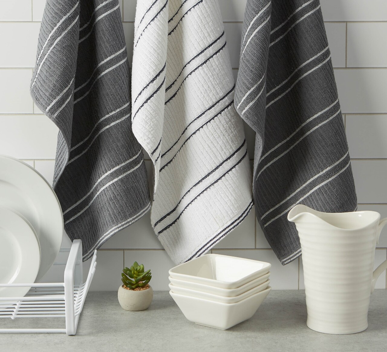 Contemporary Home Living Set of 6 Gray and White Terry Dish Towel, 16